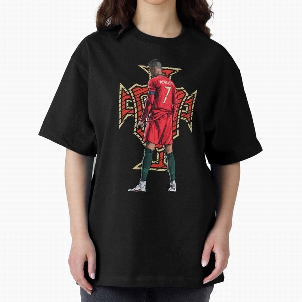 Cristiano Ronaldo Portugal Logo Oversized T-Shirt Spotlight Match Day Hype around FIFA World Cup 2026 Group Stage, Haaland and Mbappe, Spain, Stadium Memories, Football Loyalty, International Chants and Championship Tradition; Perfect for Fans,