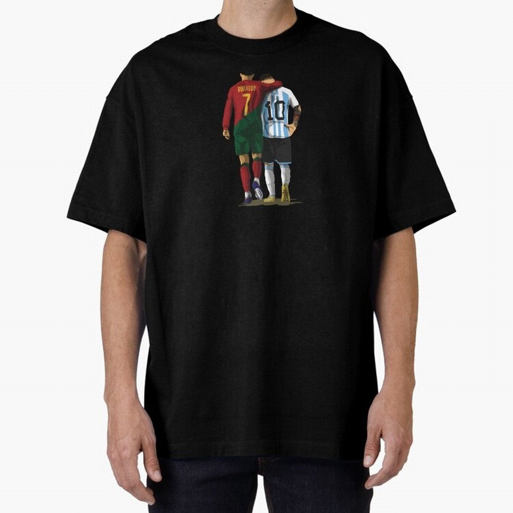 Messi Ronaldo Chit Chat Illustration Oversized T-Shirt Bring Global Football Passion for FIFA World Cup 2026 Group Stage, Connected to CR7 and Messi, Argentina and Brazil, Match Day Excitement, Supporter Culture, Golden Goals and Global Football