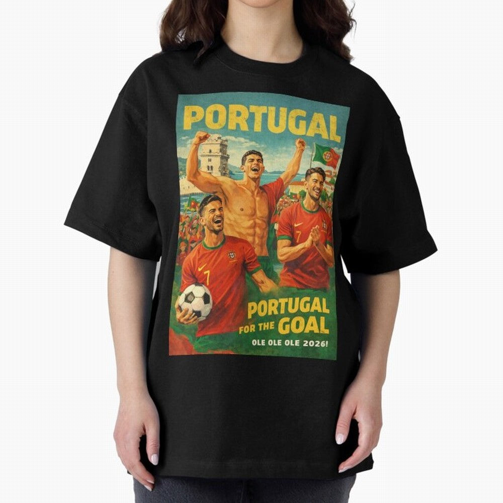 Portugal Lisbon Bel¨¦m Tower Cristiano Ronaldo FIFA World Cup Football Celebration Oversized T-Shirt Back the Journey through the FIFA World Cup 2026 Group Stage Journey through Haaland Highlights, Argentina Pride, Tournament Hype, Historic