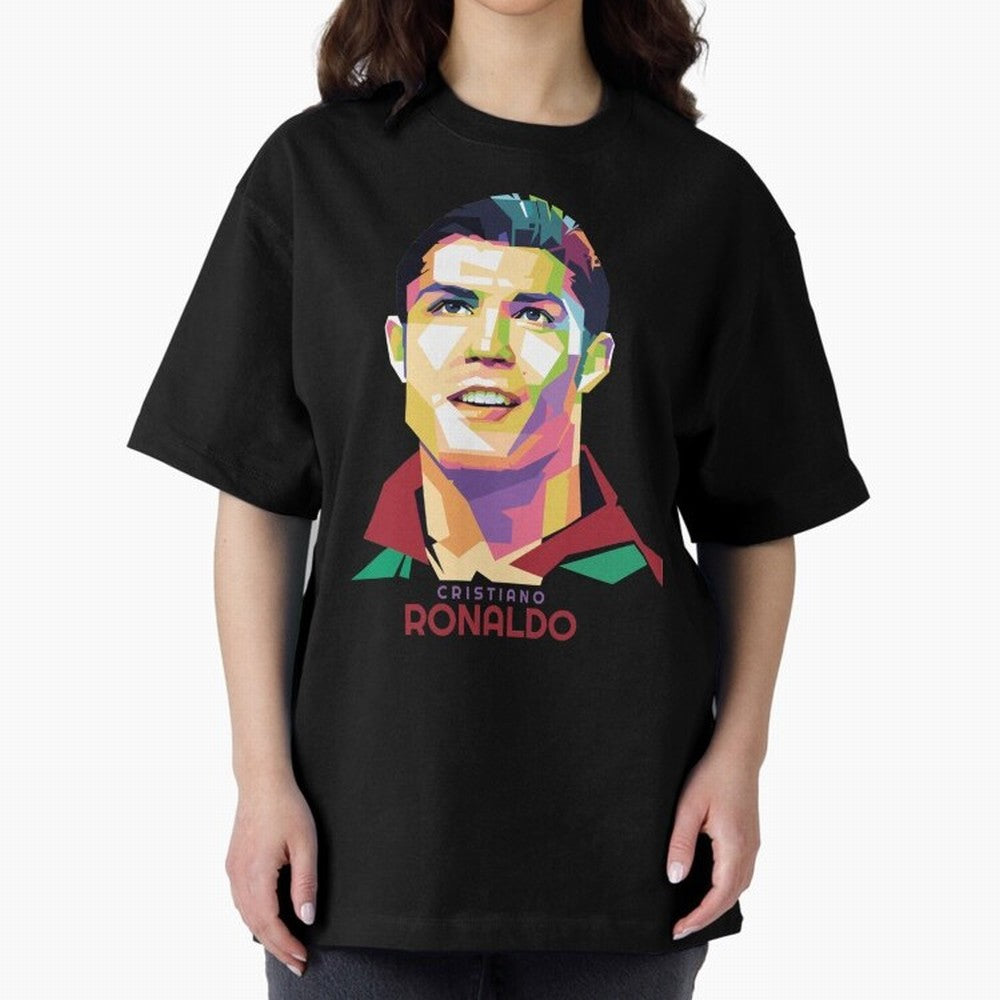 Geometric Celebrity Cristiano Ronaldo Oversized T-Shirt Show Up for the Glory of FIFA World Cup 2026 Group Stage Spirit, Made for France and Portugal, Messi, Neymar and Mbappe, Championship Spirit, Famous Goals, Roaring Crowds and International