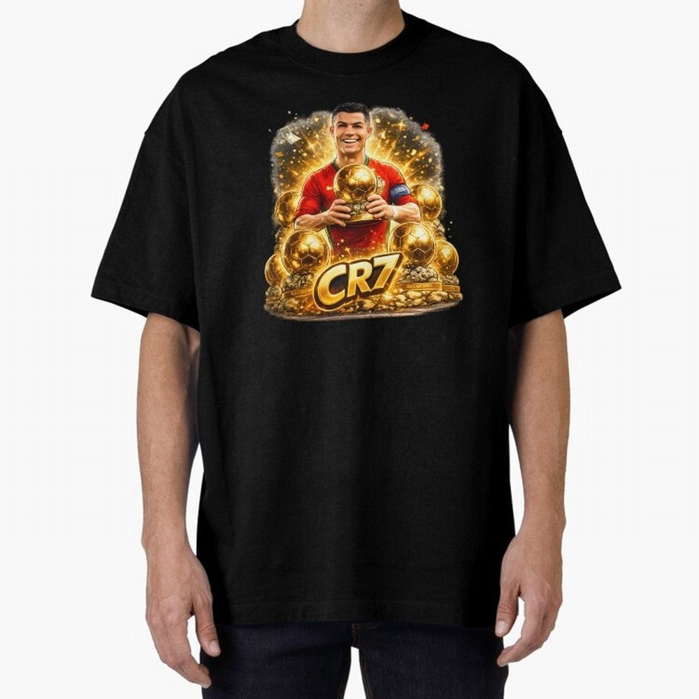 CR7 Five Ballon d'Or Trophies Cartoon ¨C Football Legend Illustration Oversized T-Shirt Represent Fans Who Live for Match Day Hype around FIFA World Cup 2026 Group Stage, Messi, Neymar and Mbappe, England, Football Festival Excitement, Trophy