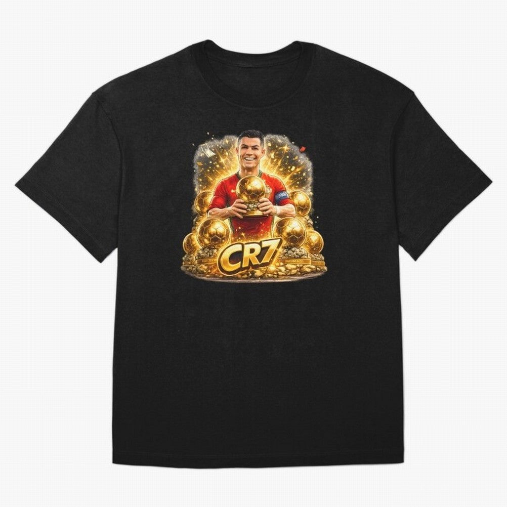 CR7 Five Ballon d'Or Trophies Cartoon ¨C Football Legend Illustration Oversized T-Shirt Represent Fans Who Live for Match Day Hype around FIFA World Cup 2026 Group Stage, Messi, Neymar and Mbappe, England, Football Festival Excitement, Trophy