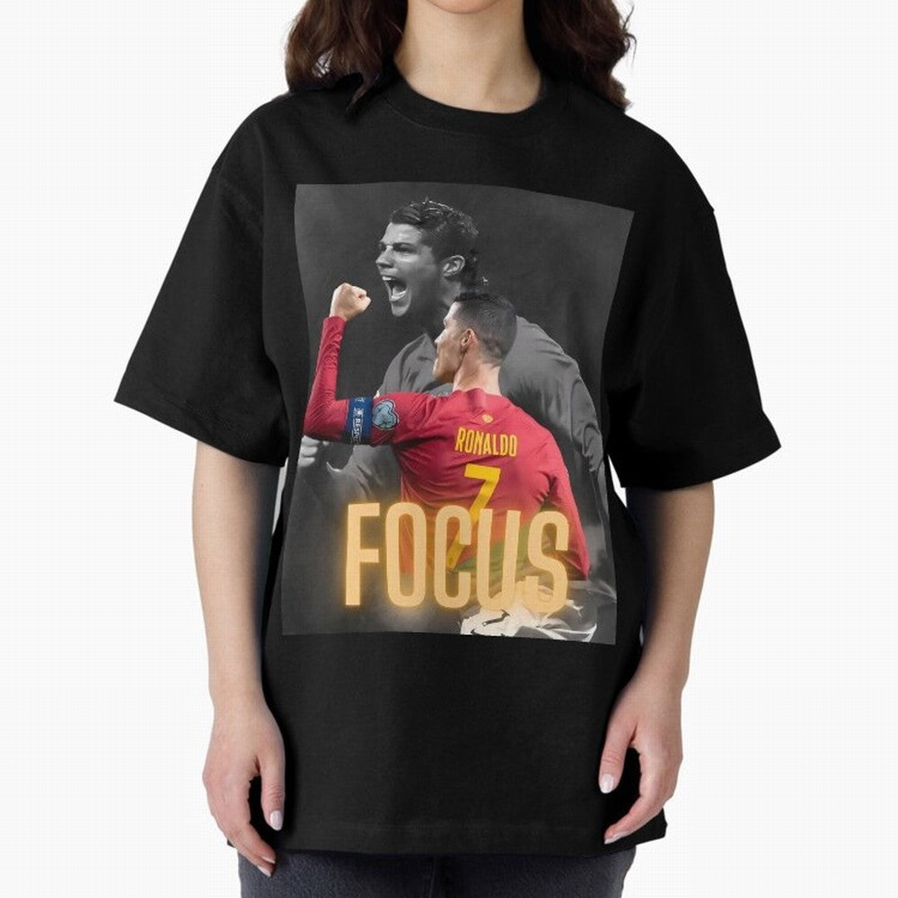 Focus With CR7 Oversized T-Shirt Bring Trophy Dreams to Match Day Hype around FIFA World Cup 2026 USA Canada Mexico, Messi, Neymar and Mbappe, Portugal, Worldwide Fan Energy, Dramatic Goals, Stadium Lights and Championship Celebrations; Ideal for
