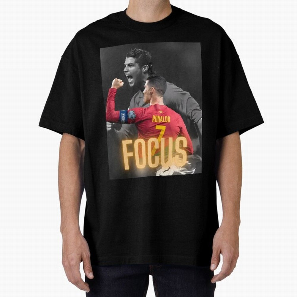 Focus With CR7 Oversized T-Shirt Bring Trophy Dreams to Match Day Hype around FIFA World Cup 2026 USA Canada Mexico, Messi, Neymar and Mbappe, Portugal, Worldwide Fan Energy, Dramatic Goals, Stadium Lights and Championship Celebrations; Ideal for