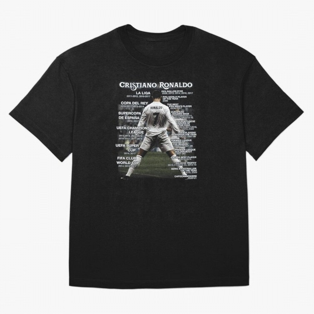 Cristiano Ronaldo Stats Oversized T-Shirt Celebrate the Road through FIFA World Cup 2026 Group Stage for Fans of CR7 and Messi and France and Portugal, Bringing Vintage Soccer Flavor, Modern Football Stars, National Flags and Final Night Emotion;