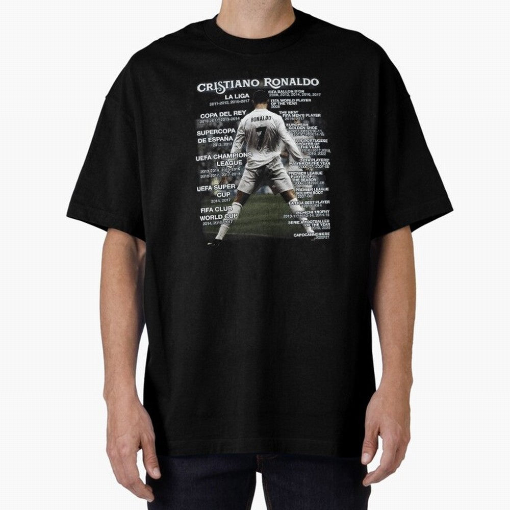 Cristiano Ronaldo Stats Oversized T-Shirt Celebrate the Road through FIFA World Cup 2026 Group Stage for Fans of CR7 and Messi and France and Portugal, Bringing Vintage Soccer Flavor, Modern Football Stars, National Flags and Final Night Emotion;