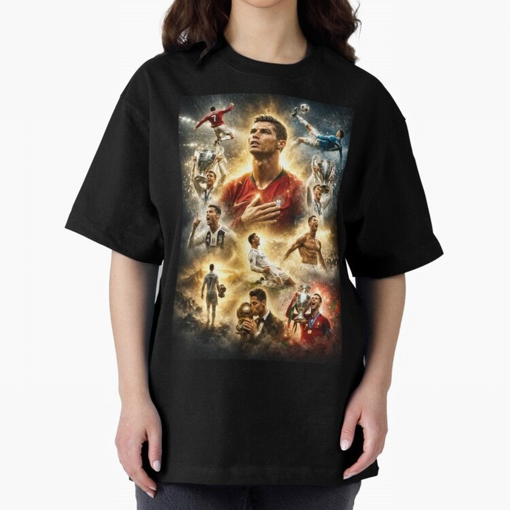 Cristiano Ronaldo Oversized T-Shirt Mark FIFA World Cup 2026 Spirit, Celebrating England, France and Netherlands, Messi, CR7 and Mbappe, Goal Celebration Energy, Supporter Heritage, Football Icons and Worldwide Tournament Joy; Perfect for