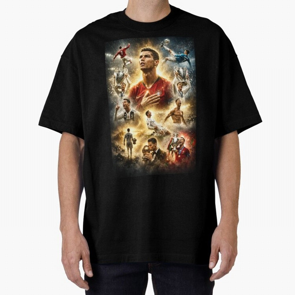 Cristiano Ronaldo Oversized T-Shirt Mark FIFA World Cup 2026 Spirit, Celebrating England, France and Netherlands, Messi, CR7 and Mbappe, Goal Celebration Energy, Supporter Heritage, Football Icons and Worldwide Tournament Joy; Perfect for