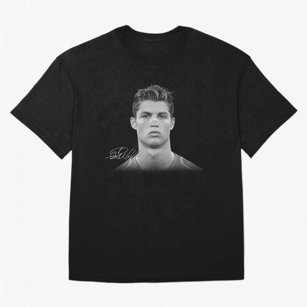 Cristiano Ronaldo T-Shirt Big Face Young Ronaldo - Black and White Oversized T-Shirt Represent the Passion of Match Day Hype around FIFA World Cup 2026 Group Stage, Mbappe and Neymar, Brazil, Portugal and Argentina, Classic Soccer Heritage,