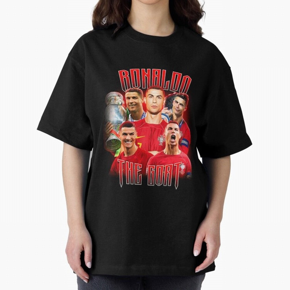 Cristiano Ronaldo The Goat Bootleg Oversized T-Shirt Remember Iconic Moments from Global Football Passion for FIFA World Cup 2026 USA Canada Mexico, Celebrating Mbappe and Neymar, Portugal, Football Festival Excitement, Trophy Ambitions, Country