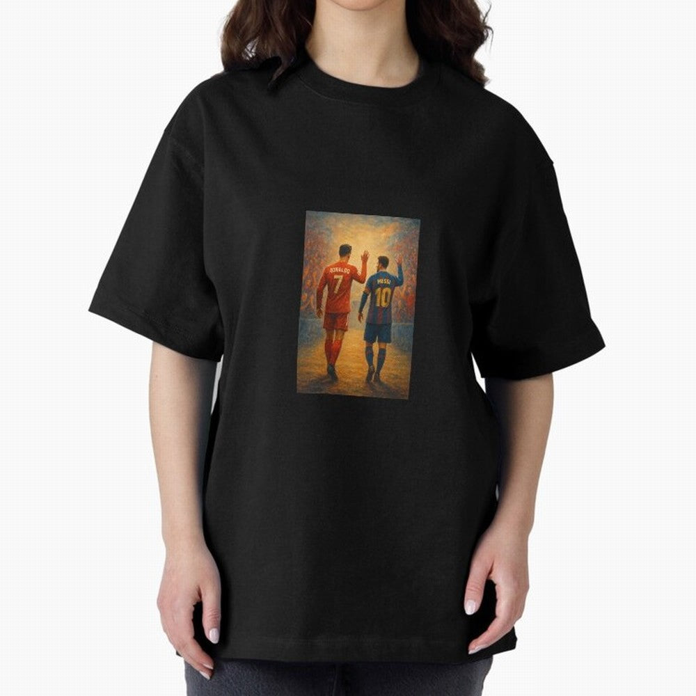 Cristiano Ronaldo and Messi Art Sticker Oversized T-Shirt Honor Football Greatness during FIFA World Cup 2026 USA Canada Mexico with Messi, CR7 and Mbappe, Argentina, France and Brazil Energy, Championship Spirit, Famous Goals, Roaring Crowds and