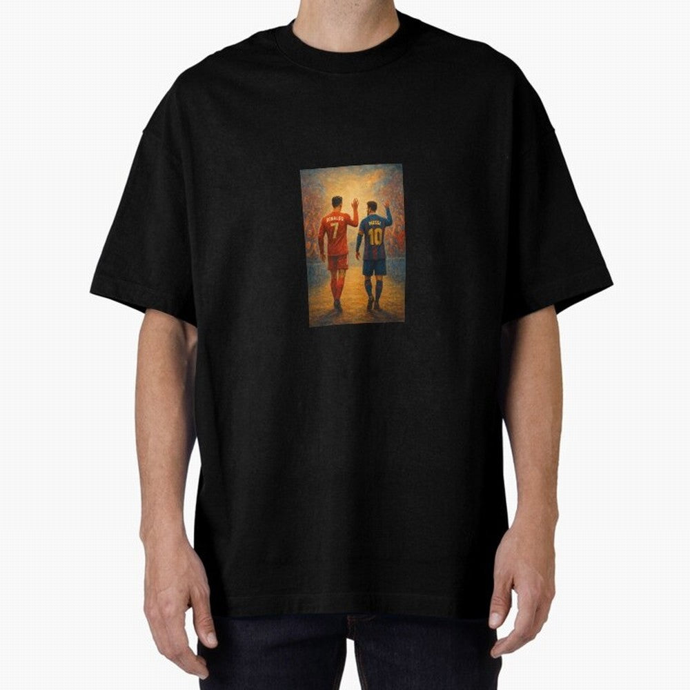 Cristiano Ronaldo and Messi Art Sticker Oversized T-Shirt Honor Football Greatness during FIFA World Cup 2026 USA Canada Mexico with Messi, CR7 and Mbappe, Argentina, France and Brazil Energy, Championship Spirit, Famous Goals, Roaring Crowds and