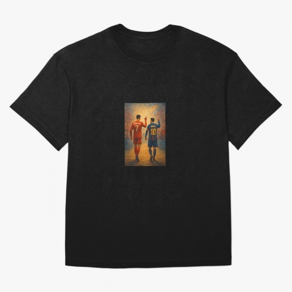 Cristiano Ronaldo and Messi Art Sticker Oversized T-Shirt Honor Football Greatness during FIFA World Cup 2026 USA Canada Mexico with Messi, CR7 and Mbappe, Argentina, France and Brazil Energy, Championship Spirit, Famous Goals, Roaring Crowds and