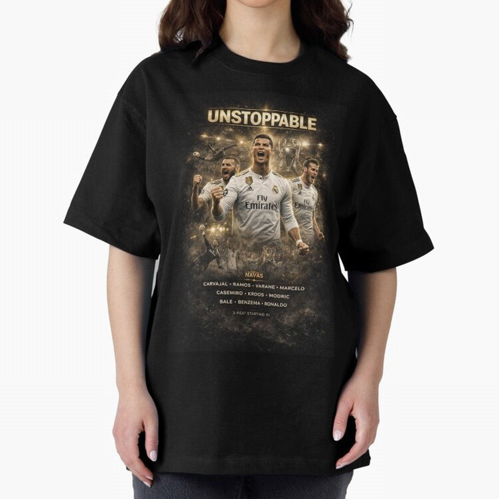 Unstoppable - Real Madrid Oversized T-Shirt Bring Trophy Dreams to the FIFA World Cup 2026 USA Canada Mexico Journey through Haaland and Mbappe Highlights, Portugal, Spain and Germany Pride, Tournament Hype, Historic Matchups, Family Viewing