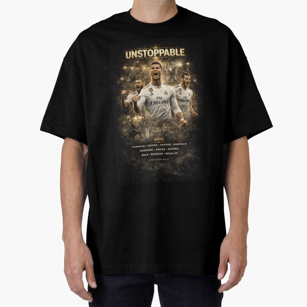 Unstoppable - Real Madrid Oversized T-Shirt Bring Trophy Dreams to the FIFA World Cup 2026 USA Canada Mexico Journey through Haaland and Mbappe Highlights, Portugal, Spain and Germany Pride, Tournament Hype, Historic Matchups, Family Viewing
