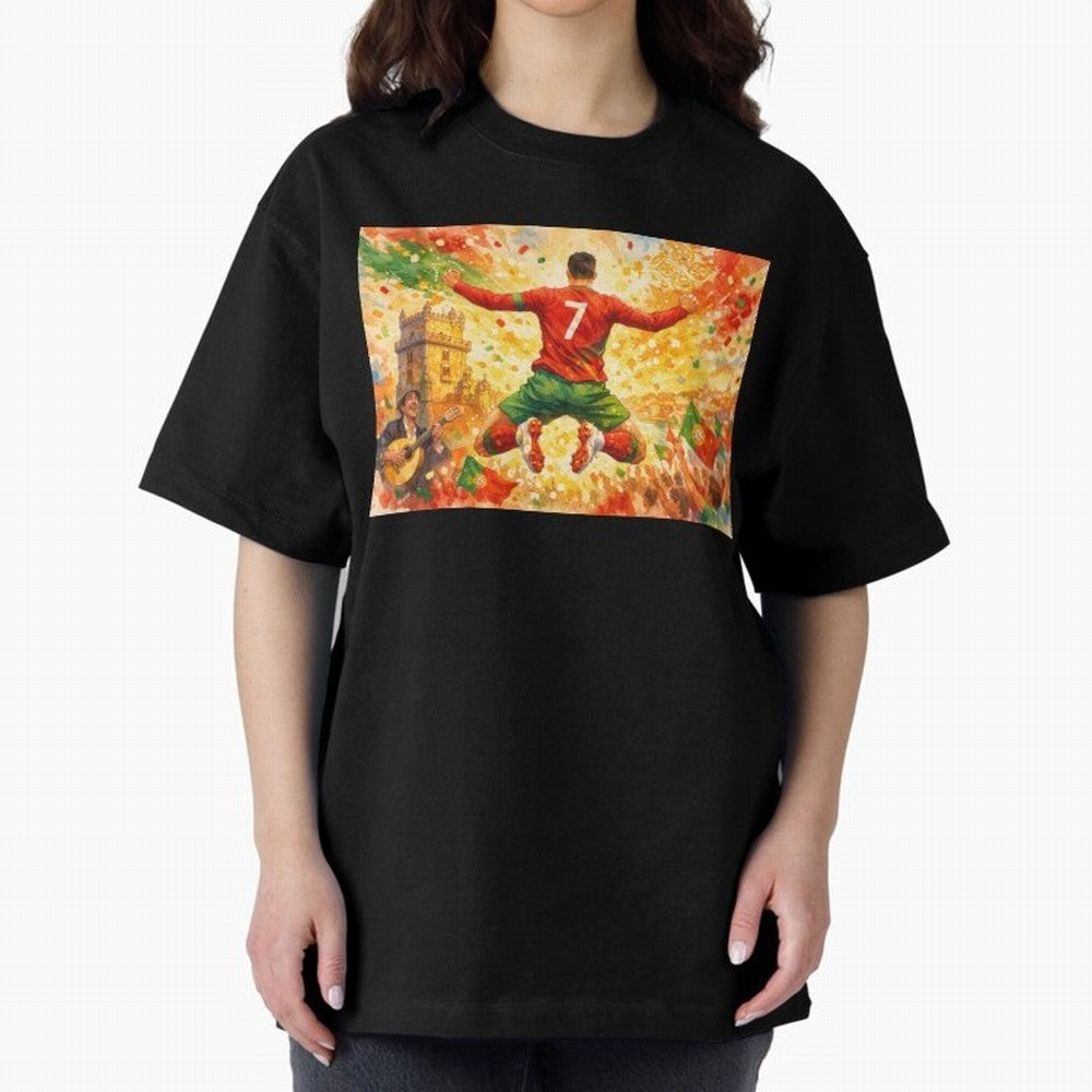 Soccer Player in Mid-Air Celebration Legend CR7 Oversized T-Shirt Back the Journey through FIFA World Cup 2026 USA Canada Mexico for Fans of Messi, CR7 and Mbappe and England, France and Netherlands, Bringing Soccer Culture, Superstar Moments,
