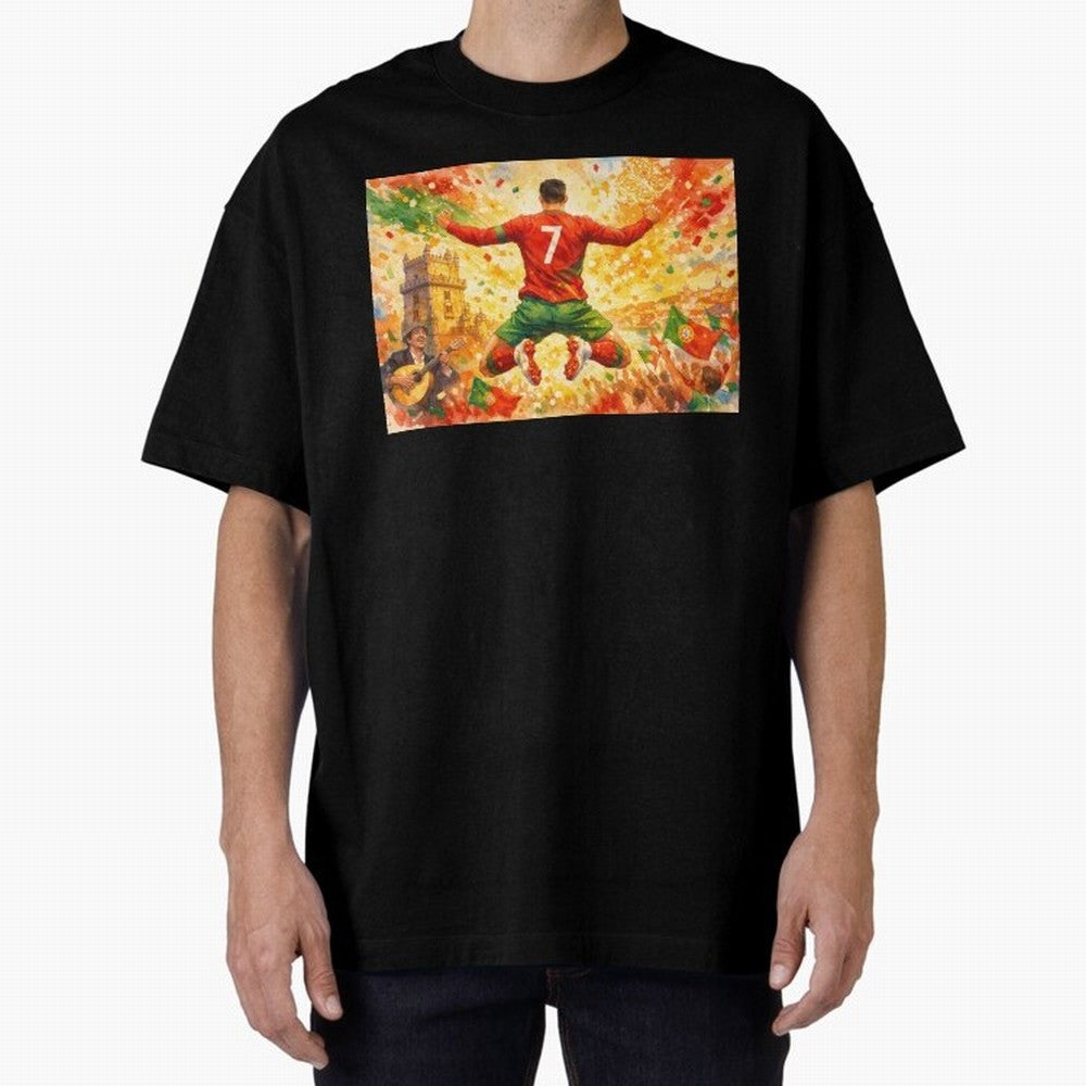 Soccer Player in Mid-Air Celebration Legend CR7 Oversized T-Shirt Back the Journey through FIFA World Cup 2026 USA Canada Mexico for Fans of Messi, CR7 and Mbappe and England, France and Netherlands, Bringing Soccer Culture, Superstar Moments,