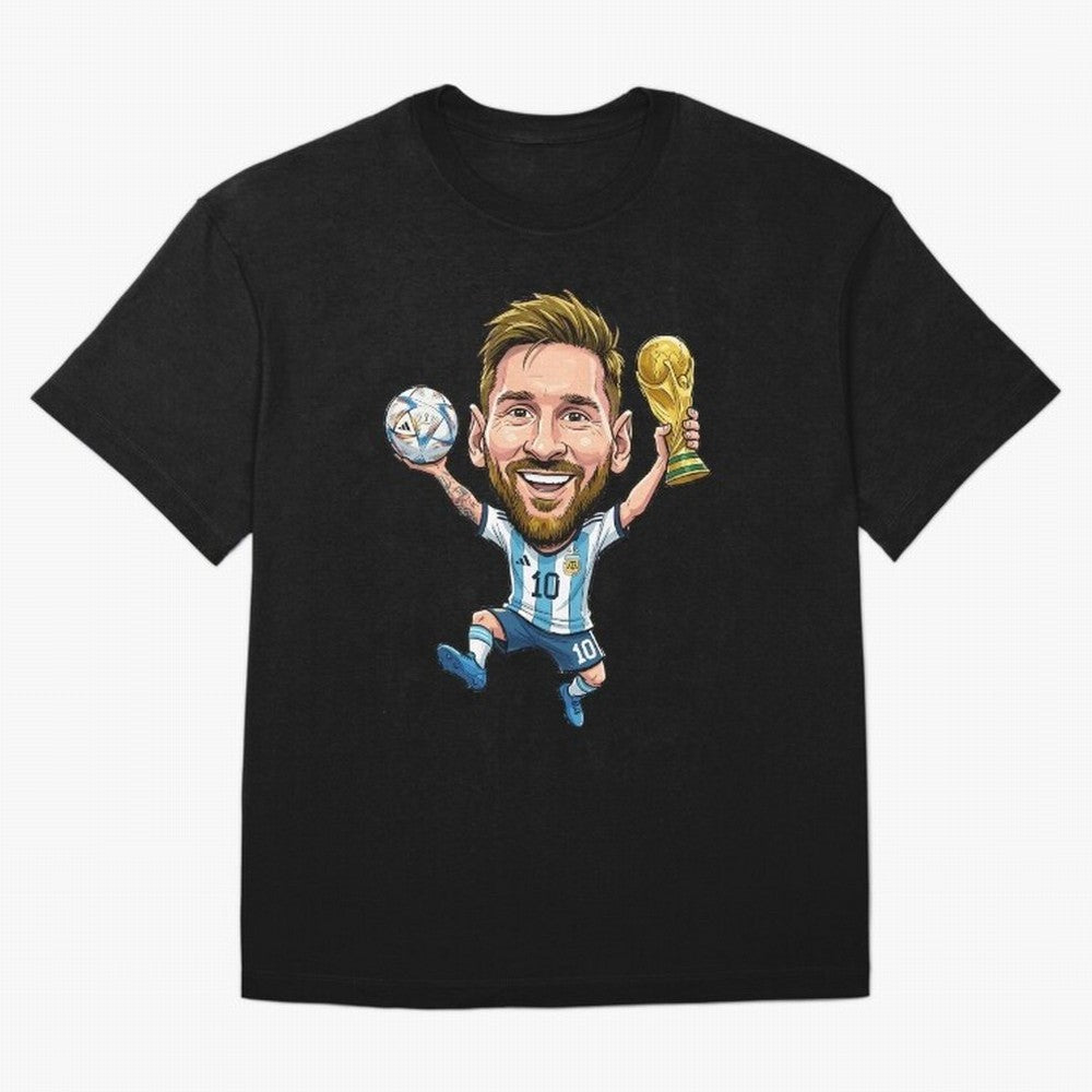 Messi Campion Caricatur Oversized T-Shirt Show Love for Legendary Goals in the FIFA World Cup 2026 Journey through Messi, CR7 and Mbappe Highlights, England and Germany Pride, Fan Favorite Moments, National Team Passion, Big Match Drama and Soccer