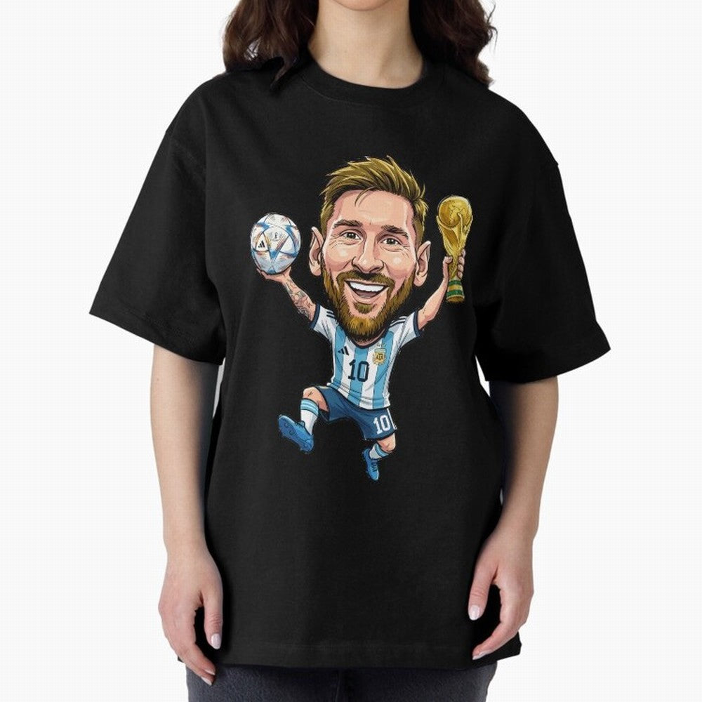 Messi Campion Caricatur Oversized T-Shirt Show Love for Legendary Goals in the FIFA World Cup 2026 Journey through Messi, CR7 and Mbappe Highlights, England and Germany Pride, Fan Favorite Moments, National Team Passion, Big Match Drama and Soccer