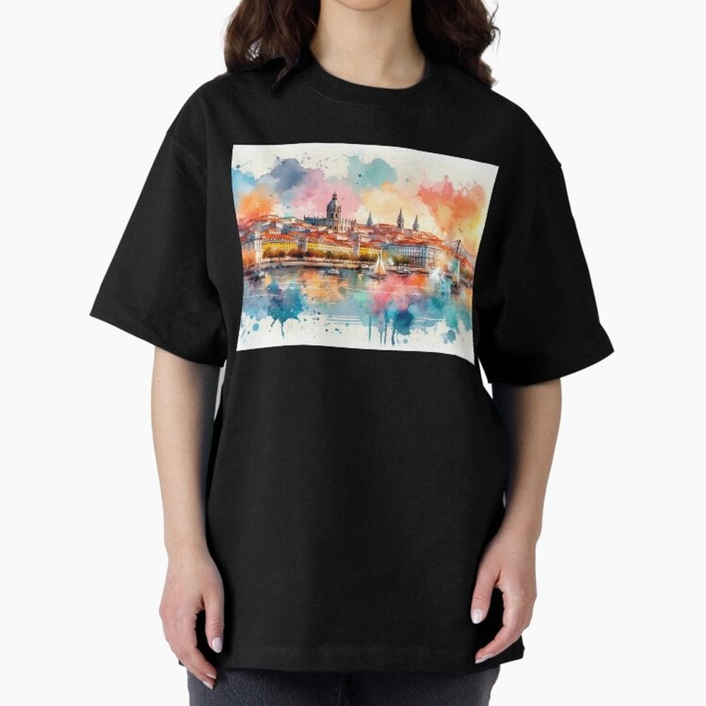 Lisbon cityscape with sailboats Oversized T-Shirt Show Fan Pride Across FIFA World Cup 2026 USA Canada Mexico Built around Cristiano Ronaldo, Spain Energy, Fan Favorite Moments, National Team Passion, Big Match Drama and Soccer History; Great for