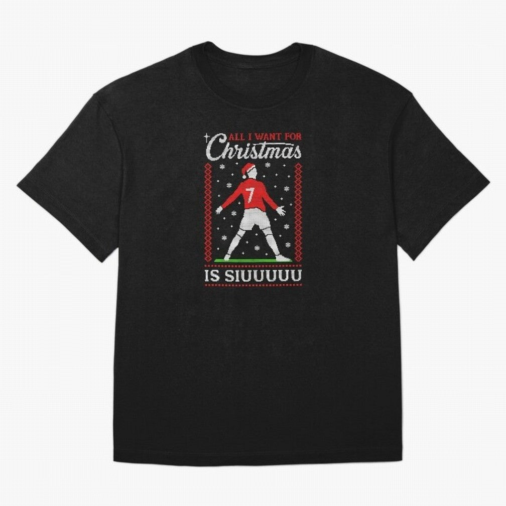 All I Want For Christmas Is Siuu Funny Christmas Festive Knitted Oversized T-Shirt Bring Bold Fan Energy to FIFA World Cup 2026 Group Stage Spirit, Centered on Argentina, France and Brazil, Messi and Cristiano Ronaldo, Vintage Soccer Flavor, Modern