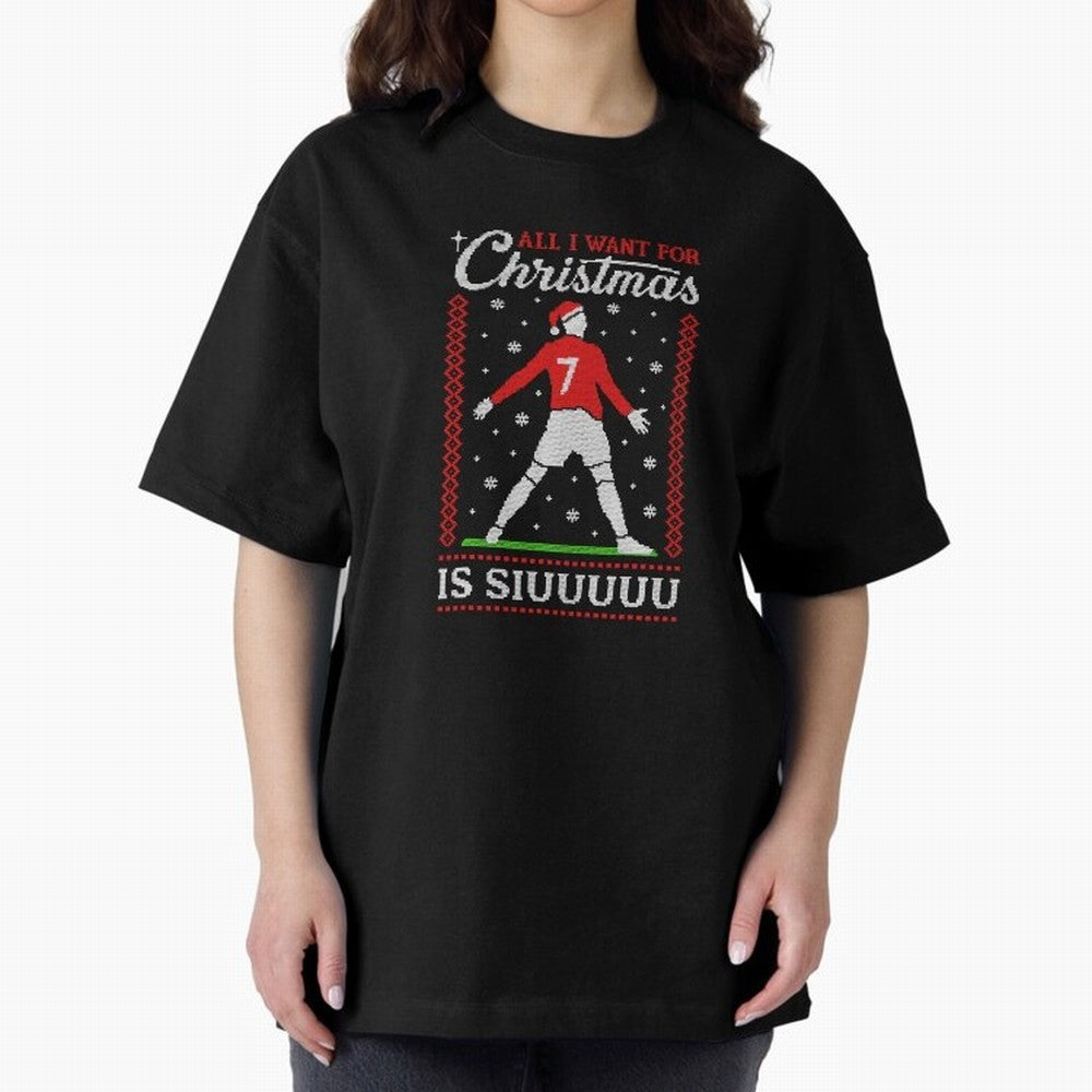 All I Want For Christmas Is Siuu Funny Christmas Festive Knitted Oversized T-Shirt Bring Bold Fan Energy to FIFA World Cup 2026 Group Stage Spirit, Centered on Argentina, France and Brazil, Messi and Cristiano Ronaldo, Vintage Soccer Flavor, Modern