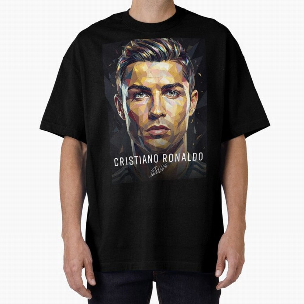Cristiano Ronaldo Geometric Low Poly Soccer Legend Oversized T-Shirt Celebrate National Team Dreams in FIFA World Cup 2026 Group Stage Spirit, with Germany, Haaland, Global Supporter Spirit, Legendary Goals, National Colors and Tournament