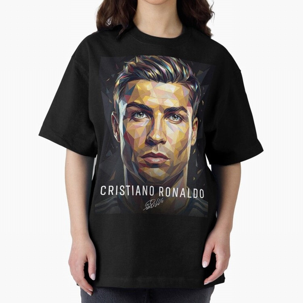 Cristiano Ronaldo Geometric Low Poly Soccer Legend Oversized T-Shirt Celebrate National Team Dreams in FIFA World Cup 2026 Group Stage Spirit, with Germany, Haaland, Global Supporter Spirit, Legendary Goals, National Colors and Tournament