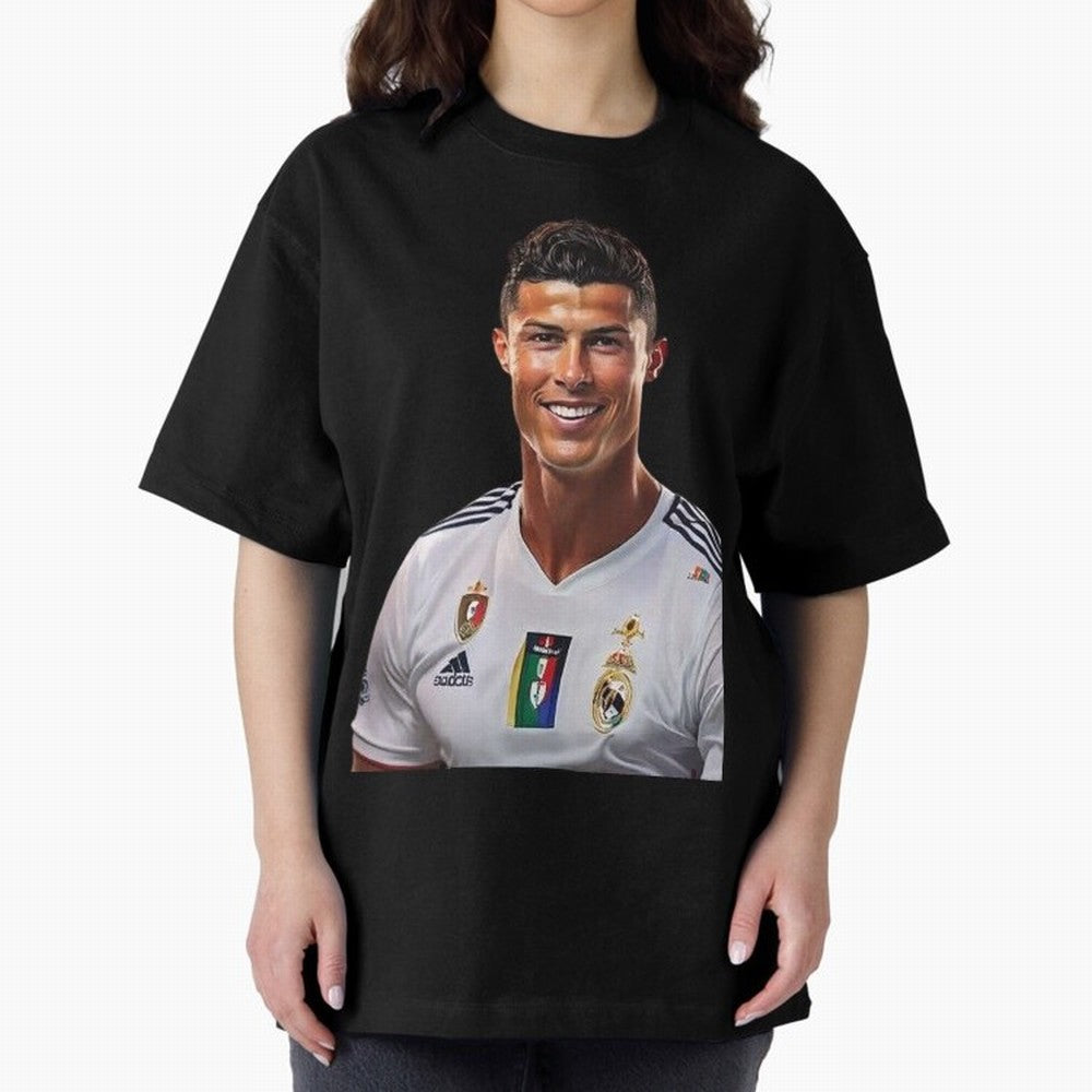 smiling Cristiano Ronaldo Oversized T-Shirt Represent Football Lovers during FIFA World Cup 2026 USA Canada Mexico for Fans of Mbappe and Brazil, Portugal and Argentina, Bringing Retro Football Energy, Iconic Rivalries, Trophy Chase Drama and