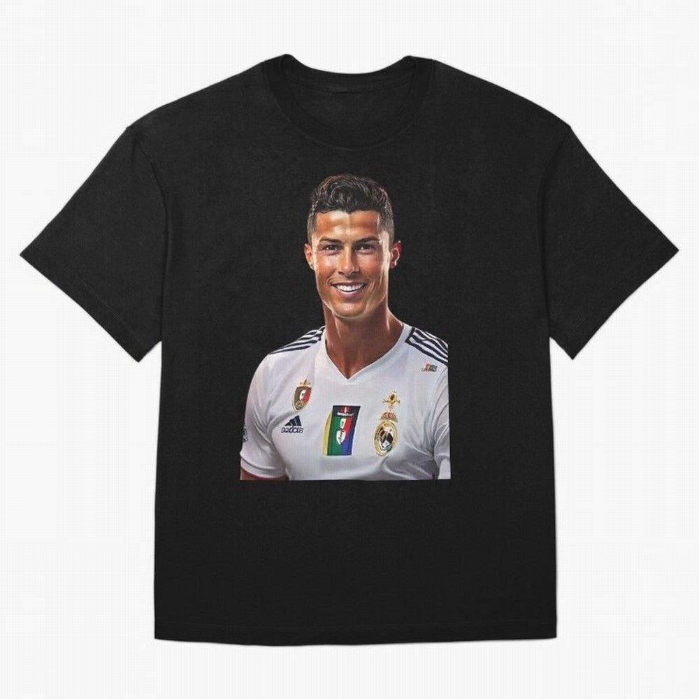 smiling Cristiano Ronaldo Oversized T-Shirt Represent Football Lovers during FIFA World Cup 2026 USA Canada Mexico for Fans of Mbappe and Brazil, Portugal and Argentina, Bringing Retro Football Energy, Iconic Rivalries, Trophy Chase Drama and