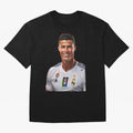 smiling Cristiano Ronaldo Oversized T-Shirt Represent Football Lovers during FIFA World Cup 2026 USA Canada Mexico for Fans of Mbappe and Brazil, Portugal and Argentina, Bringing Retro Football Energy, Iconic Rivalries, Trophy Chase Drama and