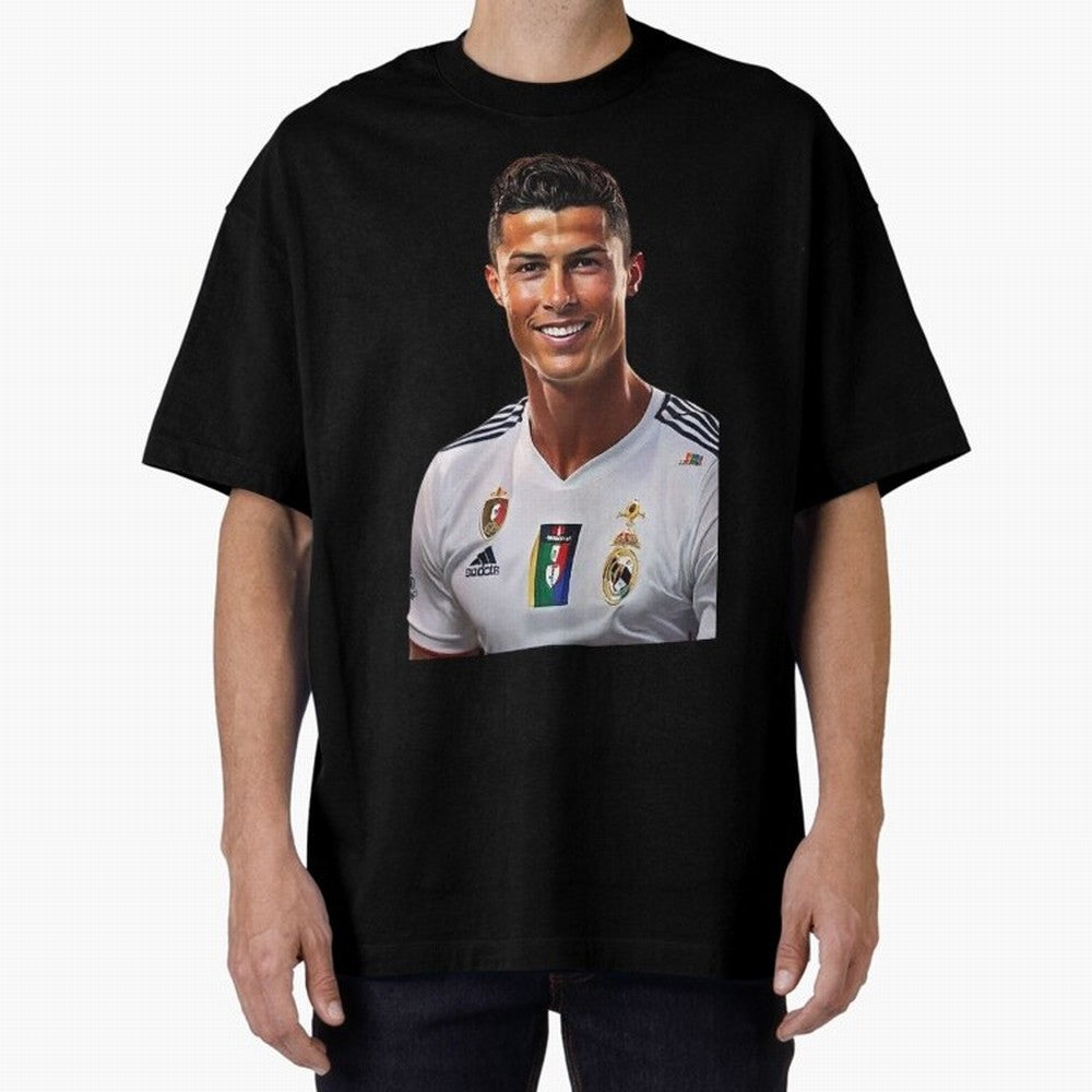 smiling Cristiano Ronaldo Oversized T-Shirt Represent Football Lovers during FIFA World Cup 2026 USA Canada Mexico for Fans of Mbappe and Brazil, Portugal and Argentina, Bringing Retro Football Energy, Iconic Rivalries, Trophy Chase Drama and