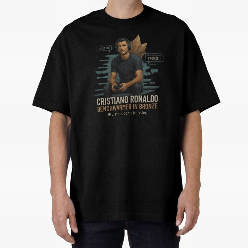 Cristiano Ronaldo Bronze Gamer ¨C Benchwarmers IRL Stats Don¡¯t Transfer Oversized T-Shirt Live for the Drama of Global Football Passion for FIFA World Cup 2026, Highlighting Neymar, Argentina and Brazil, Championship Spirit, Famous Goals, Roaring