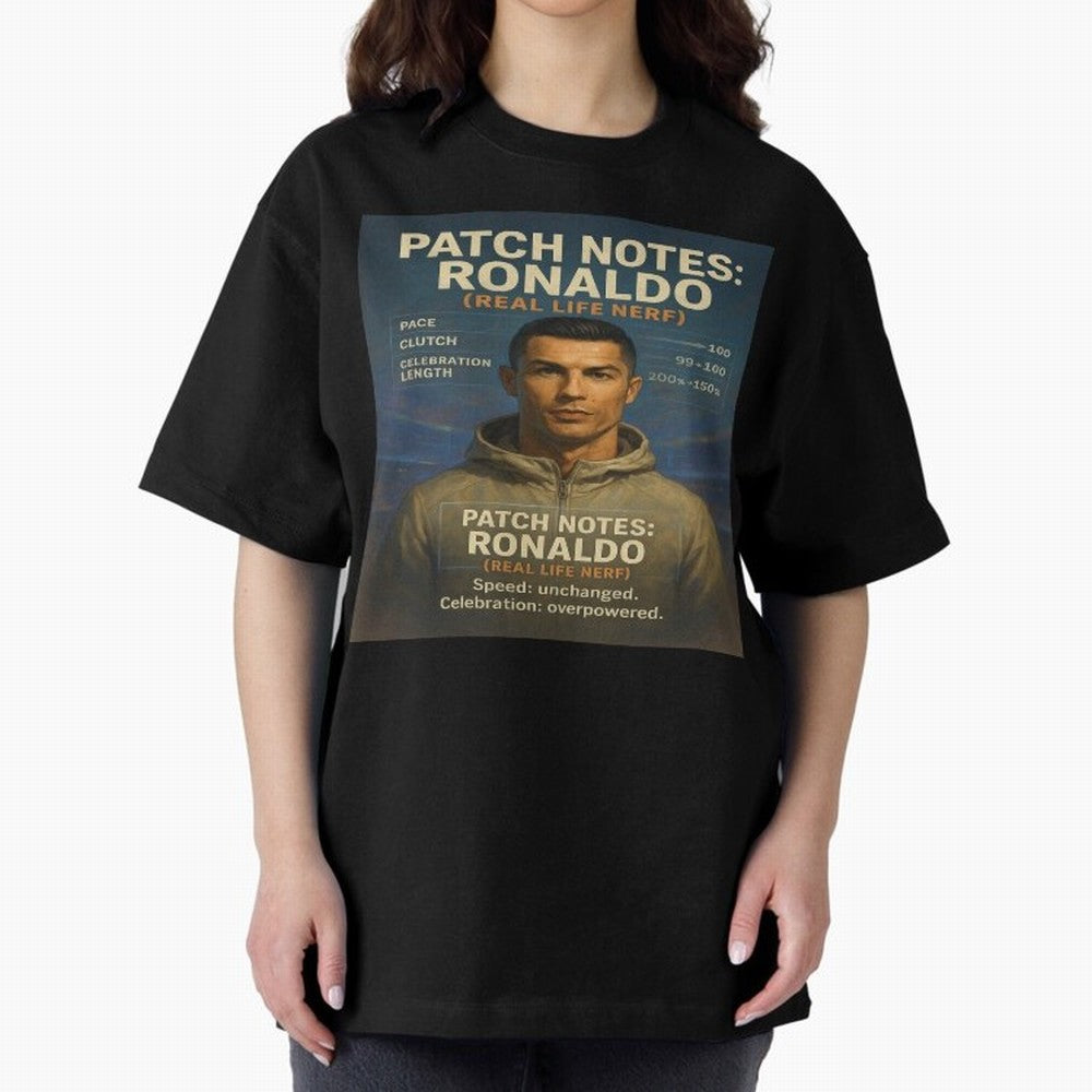Patch Notes Cristiano Ronaldo ¡ª Real Life Nerf Football Gamer Oversized T-Shirt Celebrate Rivalries and Pride in Match Day Hype around FIFA World Cup 2026 Group Stage, Mbappe and Neymar, Brazil, Sports Nostalgia, International Competition, Famous