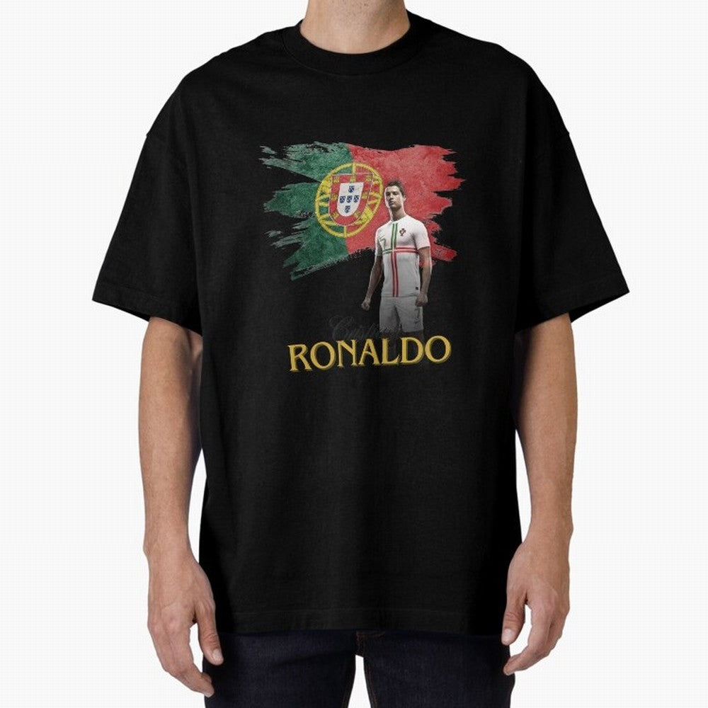 Cristiano Ronaldo - Portugal Flag Tribute (SIUUU!) Oversized T-Shirt Carry National Pride through Global Football Passion for FIFA World Cup 2026, Centered on Messi, CR7 and Mbappe, Germany, Retro Football Energy, Iconic Rivalries, Trophy Chase