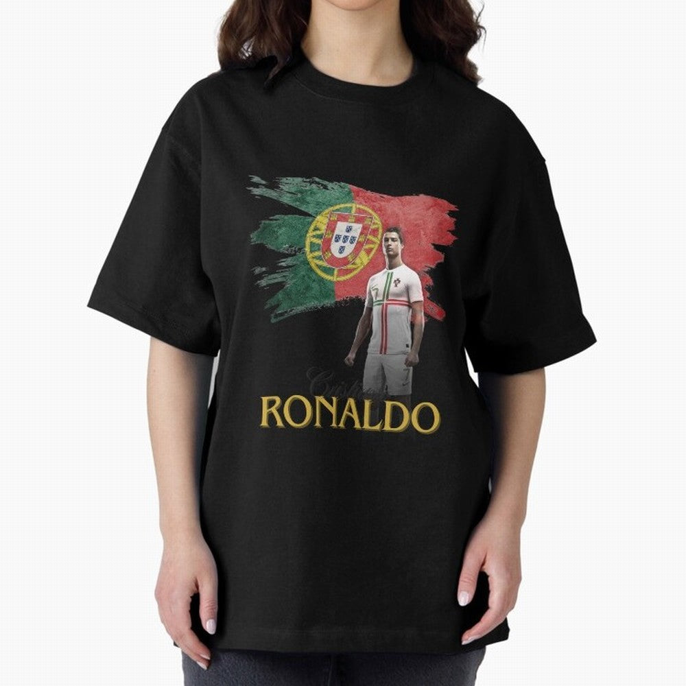 Cristiano Ronaldo - Portugal Flag Tribute (SIUUU!) Oversized T-Shirt Carry National Pride through Global Football Passion for FIFA World Cup 2026, Centered on Messi, CR7 and Mbappe, Germany, Retro Football Energy, Iconic Rivalries, Trophy Chase