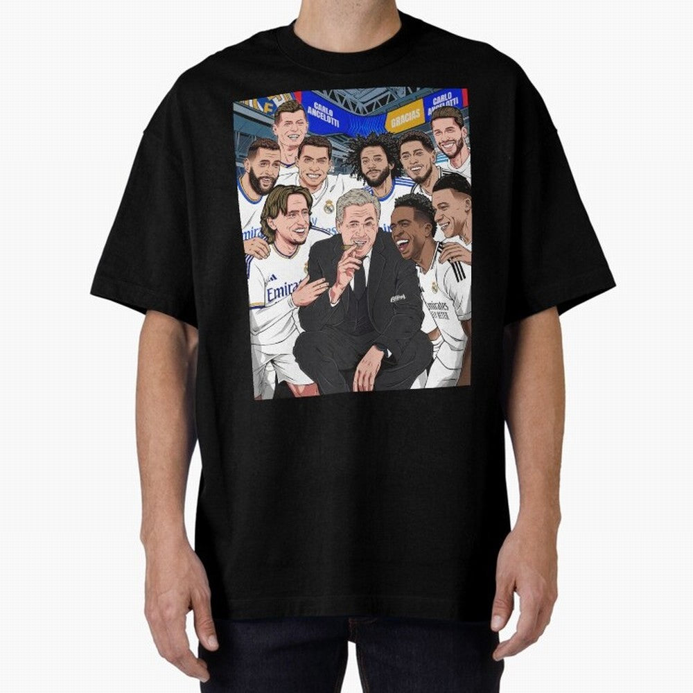 Carlo Ancelotti and Real Madrid Players Oversized T-Shirt Honor the Football Icons of Match Day Hype around FIFA World Cup 2026 Group Stage, Haaland and Mbappe, Argentina and Brazil, Vintage Soccer Flavor, Modern Football Stars, National Flags and