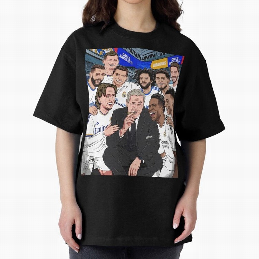 Carlo Ancelotti and Real Madrid Players Oversized T-Shirt Honor the Football Icons of Match Day Hype around FIFA World Cup 2026 Group Stage, Haaland and Mbappe, Argentina and Brazil, Vintage Soccer Flavor, Modern Football Stars, National Flags and