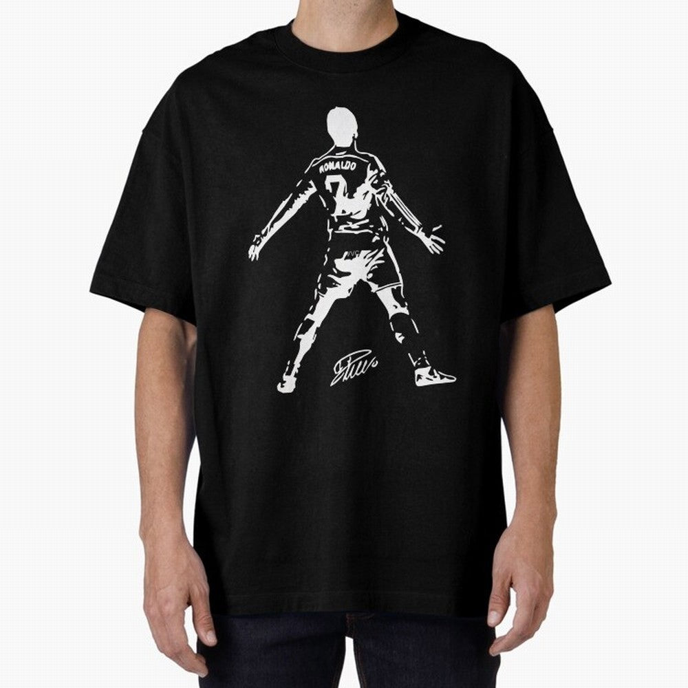 Retro Football Player Celebration Silhouette Artwork For Men And Gift For Soccer Fans Oversized T-Shirt Live the Energy of FIFA World Cup 2026 Spirit, with Portugal, Spain and Germany, CR7, Soccer Culture, Superstar Moments, National Team Dreams