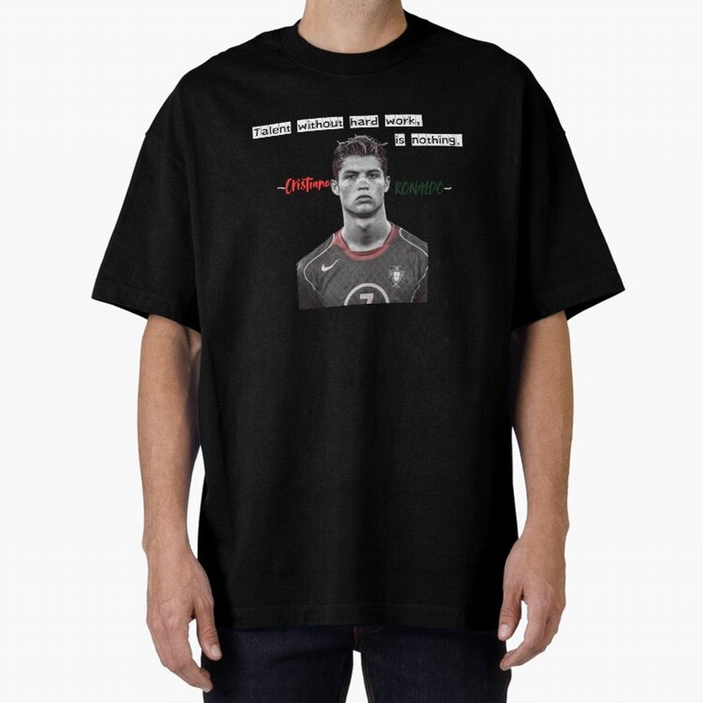 Cristiano Ronaldo - Dedication | NextLevel Motivation Oversized T-Shirt Celebrate the Road through Match Day Hype around FIFA World Cup 2026 Group Stage, Messi and Cristiano Ronaldo, Brazil, Portugal and Argentina, Stadium Memories, Football