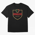Ronaldo Emblem Sticker ¨C Gold Crest Parody Design Oversized T-Shirt Unlock FIFA World Cup 2026 with Messi, CR7 and Mbappe, Netherlands Energy, Championship Spirit, Famous Goals, Roaring Crowds and International Football Unity; Perfect for