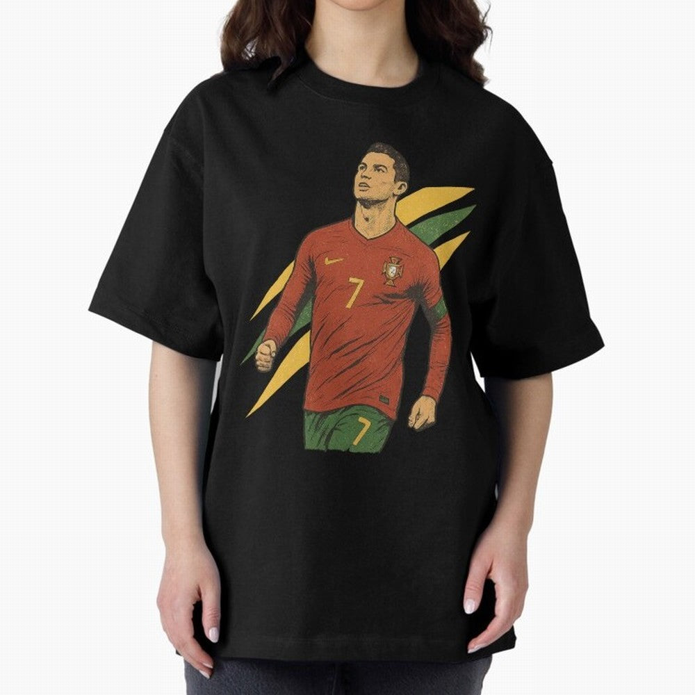 Cristiano Ronaldo Retro Portugal Football Art ¨C Vintage Supporter Design Oversized T-Shirt Celebrate the Road through FIFA World Cup 2026 Driven by Mbappe and Neymar, Argentina, France and Brazil Energy, Match Day Excitement, Supporter Culture,