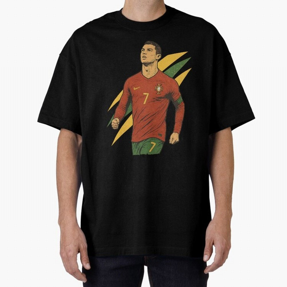 Cristiano Ronaldo Retro Portugal Football Art ¨C Vintage Supporter Design Oversized T-Shirt Celebrate the Road through FIFA World Cup 2026 Driven by Mbappe and Neymar, Argentina, France and Brazil Energy, Match Day Excitement, Supporter Culture,