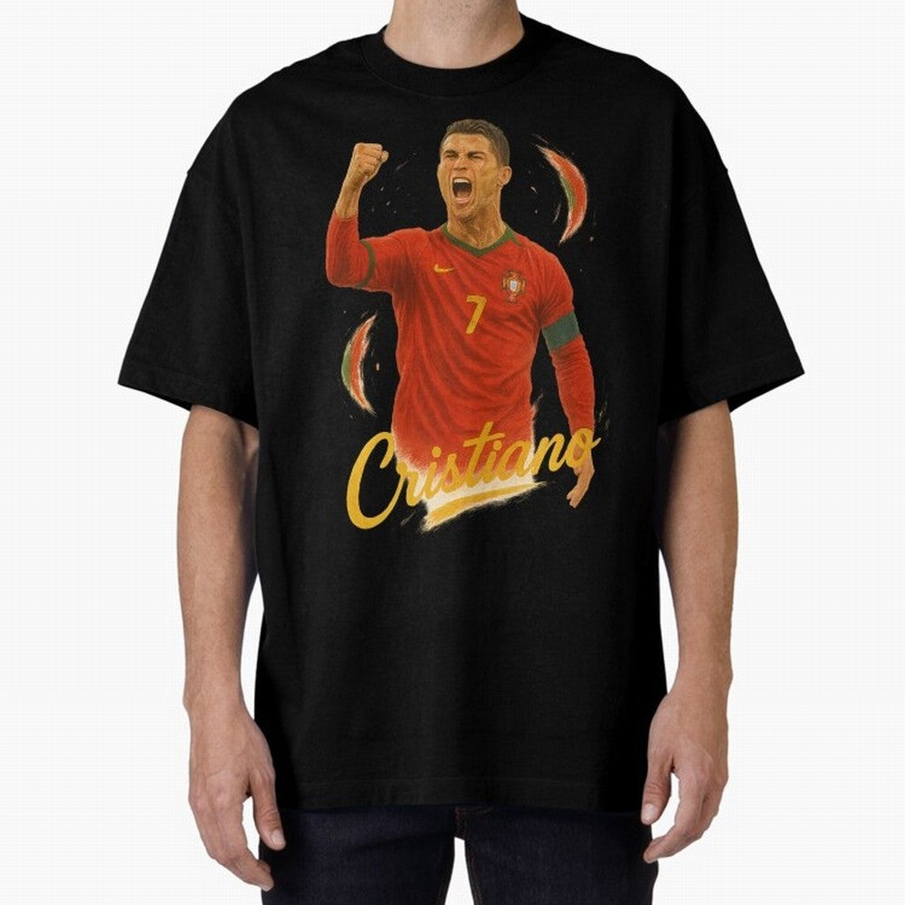 Cristiano Ronaldo Portugal Art ¨C Captain¡¯s Glory Football Tribute	 Oversized T-Shirt Celebrate the FIFA World Cup 2026 Group Stage Journey through CR7 Highlights, Portugal, Spain and Germany Pride, Match Day Excitement, Supporter Culture, Golden