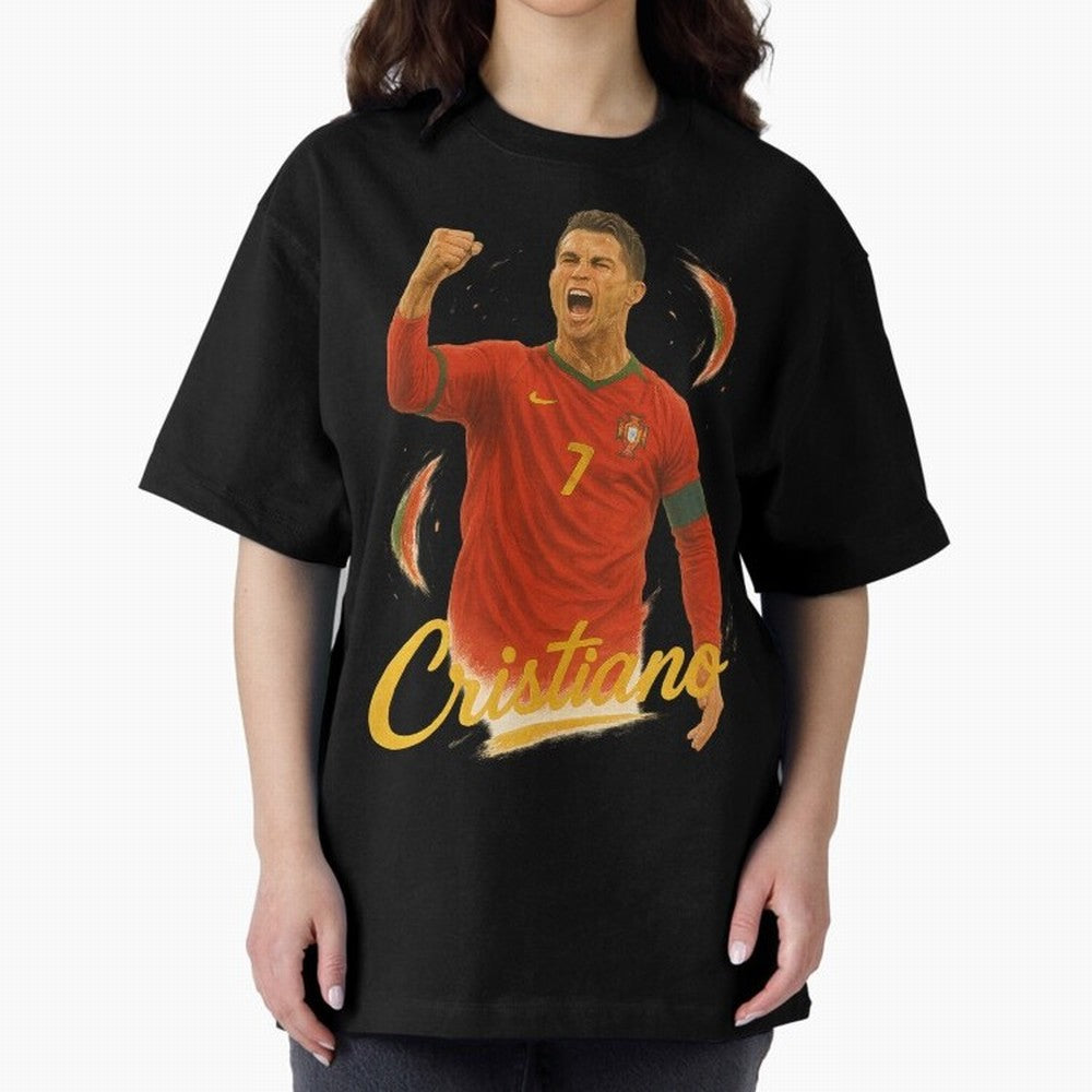 Cristiano Ronaldo Portugal Art ¨C Captain¡¯s Glory Football Tribute	 Oversized T-Shirt Celebrate the FIFA World Cup 2026 Group Stage Journey through CR7 Highlights, Portugal, Spain and Germany Pride, Match Day Excitement, Supporter Culture, Golden