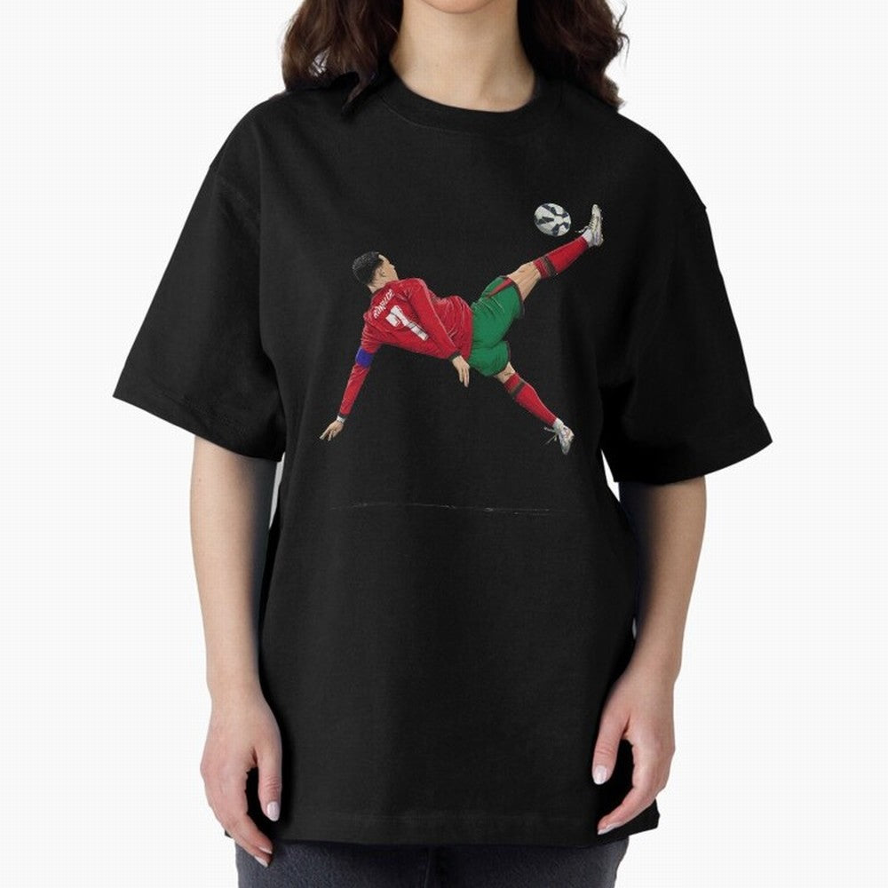Ronaldo 910 Goal Bicycle Kick Oversized T-Shirt Fuel the Hype around Global Football Passion for FIFA World Cup 2026 Group Stage, Centered on Cristiano Ronaldo, Spain, Classic Soccer Heritage, Championship Pressure, Fan Loyalty and International