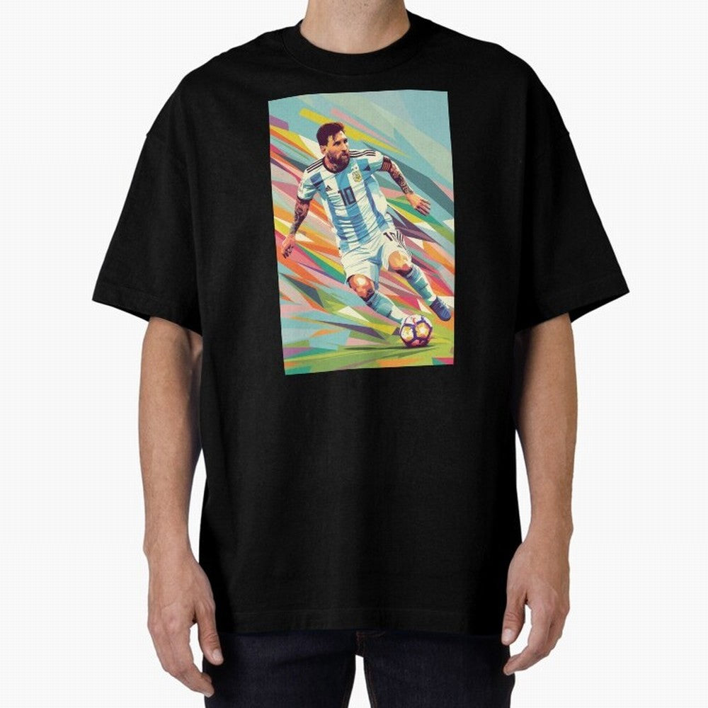 Messi in action Graphic poster design Oversized T-Shirt Represent the Passion of FIFA World Cup 2026 Group Stage for Fans of Mbappe and France and Portugal, Bringing Goal Celebration Energy, Supporter Heritage, Football Icons and Worldwide