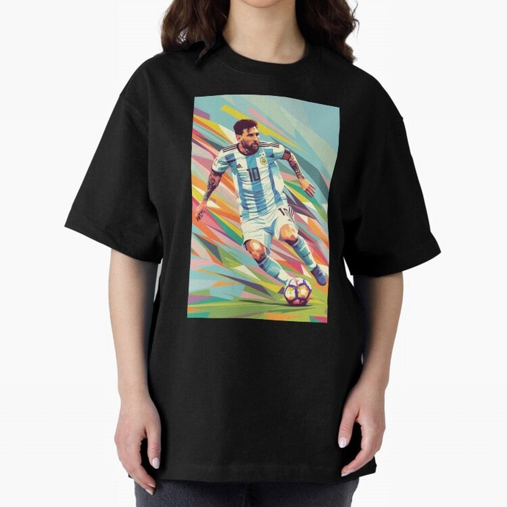 Messi in action Graphic poster design Oversized T-Shirt Represent the Passion of FIFA World Cup 2026 Group Stage for Fans of Mbappe and France and Portugal, Bringing Goal Celebration Energy, Supporter Heritage, Football Icons and Worldwide