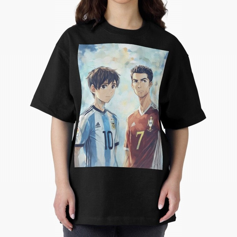 Lionel Messi and Cristiano Ronaldo Oversized T-Shirt Showcase FIFA World Cup 2026 USA Canada Mexico for Fans of Neymar and Spain, Bringing Championship Spirit, Famous Goals, Roaring Crowds and International Football Unity; Created for Match Day