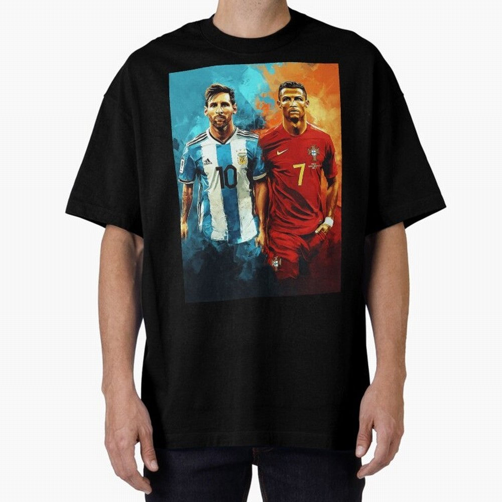 Lionel Messi and Cristiano Ronaldo Oversized T-Shirt Celebrate Golden Goal Energy in Global Football Passion for FIFA World Cup 2026 Group Stage, Made for Neymar, England, France and Netherlands, Football Festival Excitement, Trophy Ambitions,